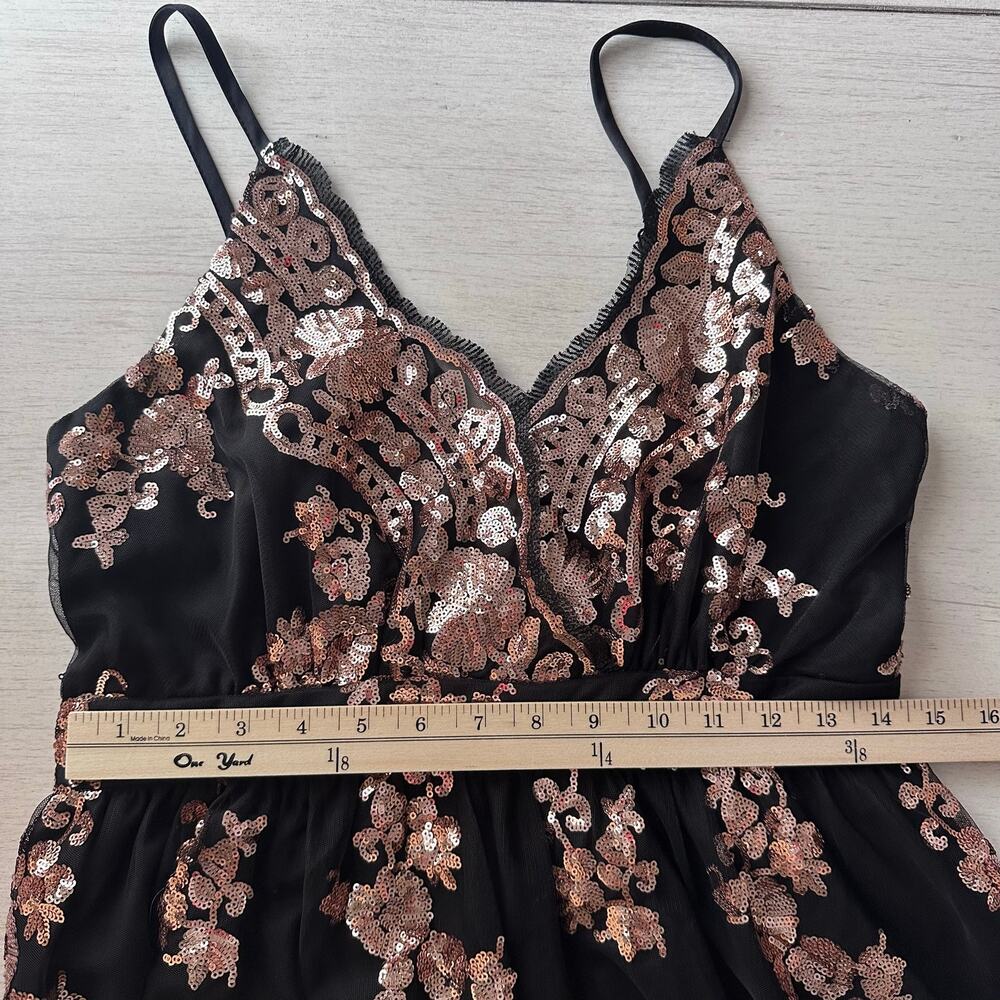 She + Sky Large NWT Black Rose Gold Sequin Maxi Dress Spaghetti Straps Elegant - Picture 11 of 15